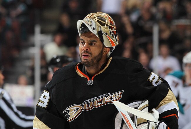 ANAHEIM, CA - APRIL 06:  Goaltender Ray Emery #29 of the Anaheim Ducks looks on against the San Jose Sharks at Honda Center on April 6, 2011 in Anaheim, California.  (Photo by Jeff Gross/Getty Images)
