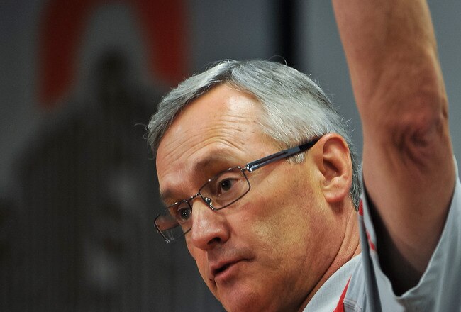 COLUMBUS, OH - MARCH 30:  Head Coach Jim Tressel speaks to the media during a press conference before the start of Spring practices at the Woody Hayes Athletic Center at The Ohio State University on March 30, 2011 in Columbus, Ohio. (Photo by Jamie Sabau/Getty Images)