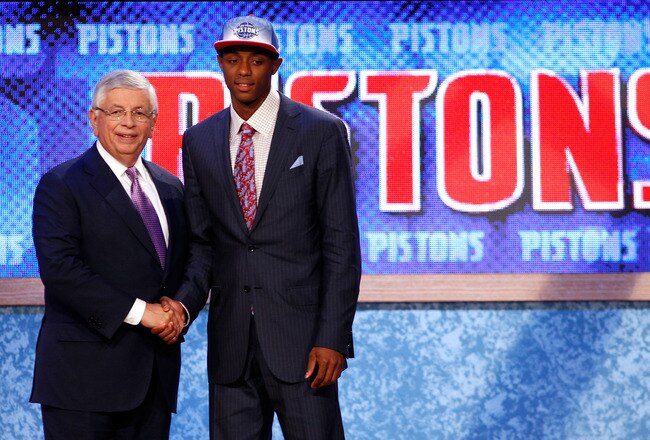 NEWARK, NJ - JUNE 23:  Brandon Knight from the University of Kentucky greets NBA Commissioner David Stern after he was selected #8 overall by the Detroit Pistons in the first round during the 2011 NBA Draft at the Prudential Center on June 23, 2011 in Newark, New Jersey.  NOTE TO USER: User expressly acknowledges and agrees that, by downloading and/or using this Photograph, user is consenting to the terms and conditions of the Getty Images License Agreement.  (Photo by Mike Stobe/Getty Images)