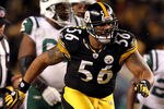 PITTSBURGH, PA - JANUARY 23:  LaMarr Woodley #56 of the Pittsburgh Steelers reacts after a sack against the New York Jets during the 2011 AFC Championship game at Heinz Field on January 23, 2011 in Pittsburgh, Pennsylvania. The Steelers won 24-19. (Photo by Al Bello/Getty Images)