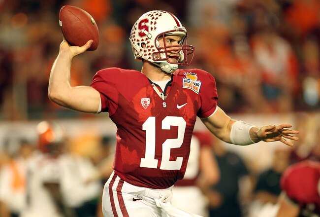 MIAMI, FL - JANUARY 03:  Andrew Luck #12 of the Stanford Cardinal throws pass against the Virginia Tech Hokies during the 2011 Discover Orange Bowl at Sun Life Stadium on January 3, 2011 in Miami, Florida. Stanford won 40-12. (Photo by Mike Ehrmann/Getty Images)