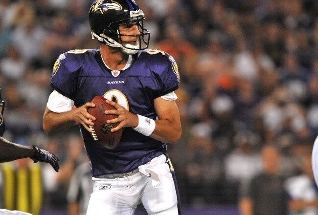 BALTIMORE - AUGUST 28:  Marc Bulger #9 of the Baltimore Ravens passes against the New York Giants in a preseason game at M&T Bank Stadium on August 28, 2010 in Baltimore, Maryland. The Ravens defeated the Giants 24-10. (Photo by Larry French/Getty Images)