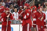 GLENDALE, AZ - APRIL 20:  (L-R) Radim Vrbata #17, Shane Doan #19 and Keith Yandle #3 of the Phoenix Coyotes react after being defeated by the Detroit Red Wings in Game Four of the Western Conference Quarterfinals during the 2011 NHL Stanley Cup Playoffs at Jobing.com Arena on April 20, 2011 in Glendale, Arizona. The Red Wings defeated the Coyotes 6-3 to win the series 4-0.  (Photo by Christian Petersen/Getty Images)