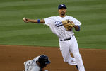 LOS ANGELES, CA - JULY 8:  Shortstop Rafael Furcal #15 of the Los Angeles Dodgers turns a double play after forcing out Will Venable #25 of the San Diego Padres in the third inning on July 8, 2011 at Dodger Stadium in Los Angeles, California.   (Photo by Stephen Dunn/Getty Images)