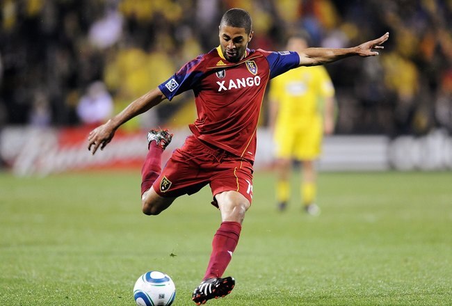 COLUMBUS, OH - APRIL 24:  Forward Alvaro Saborio #15 of Real Salt Lake kicks the ball against the Columbus Crew on April 24, 2010 at Crew Stadium in Columbus, Ohio.  (Photo by Jamie Sabau/Getty Images)