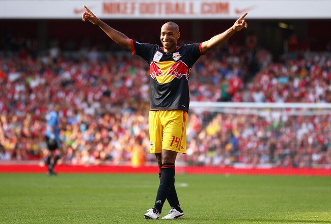 LONDON, ENGLAND - JULY 31:  Thierry Henry of New York Red Bulls celebrates after Kyle Bartley of Arsenal scores an own goal during the Emirates Cup match between Arsenal and New York Red Bulls at the Emirates Stadium on July 31, 2011 in London, England.  (Photo by Richard Heathcote/Getty Images)