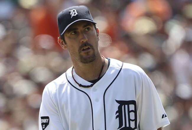 DETROIT - JULY 31:  Justin Verlander #35 of the Detroit Tigers reacts after giving up the first hit of the game to Maicer Izturis #13 of the Los Angeles Angels of Anaheim in the eight inning during the game at Comerica Park on July 31, 2011 in Detroit, Michigan. The Tigers defeated the Angels 3-2.  (Photo by Leon Halip/Getty Images)