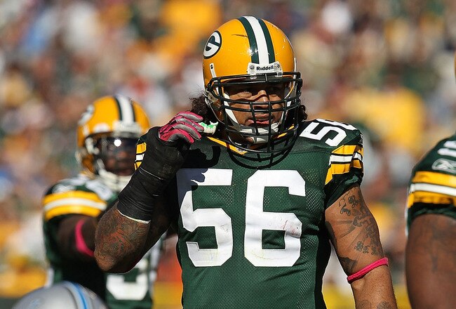 GREEN BAY, WI - OCTOBER 03: Nick Barnett #56 of the Green Bay Packers awaits the start of play against the Detroit Lions at Lambeau Field on October 3, 2010 in Green Bay, Wisconsin. The Packers defeated the Lions 28-26. (Photo by Jonathan Daniel/Getty Images)