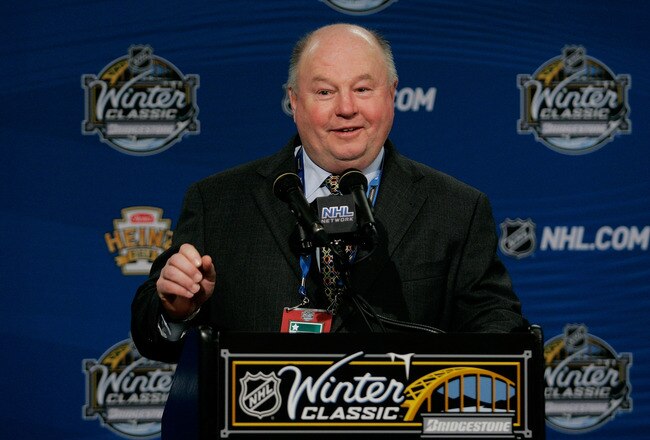 PITTSBURGH, PA - JANUARY 01:  Bruce Boudreau, head coach of the Washington Capitals, talks to the media during a press conference after defeating the Pittsburgh Penguins 3-1 during the 2011 NHL Bridgestone Winter Classic at Heinz Field on January 1, 2011 in Pittsburgh, Pennsylvania.  (Photo by Justin K. Aller/Getty Images)