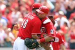 CINCINNATI, OH - JULY 03:  Francisco Cordero #48 of the Cincinnati Reds celebrates with Ramon Hernandez #55 after the final out of the game against the Cleveland Indians at Great American Ball Park on July 3, 2011 in Cincinnati, Ohio.  (Photo by Andy Lyons/Getty Images)