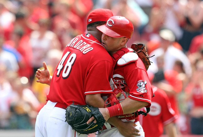 CINCINNATI, OH - JULY 03:  Francisco Cordero #48 of the Cincinnati Reds celebrates with Ramon Hernandez #55 after the final out of the game against the Cleveland Indians at Great American Ball Park on July 3, 2011 in Cincinnati, Ohio.  (Photo by Andy Lyons/Getty Images)