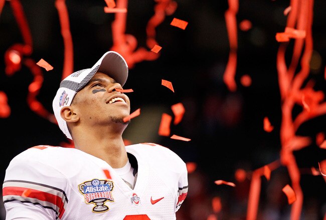 NEW ORLEANS, LA - JANUARY 04:  Terrelle Pryor #2 of the Ohio State Buckeyes celebrates the Buckeyes 31-26 victory against the Arkansas Razorbacks during the Allstate Sugar Bowl at the Louisiana Superdome on January 4, 2011 in New Orleans, Louisiana.  (Photo by Kevin C. Cox/Getty Images)