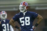 ORCHARD PARK, NY - MAY 01: Aaron Maybin #58, 2009 first round draft pick of the Buffalo Bills waits in between plays during Buffalo Bills minicamp at the Buffalo Bills Fieldhouse on May 1, 2009 in Orchard Park, New York.  (Photo by Rick Stewart/Getty Images)