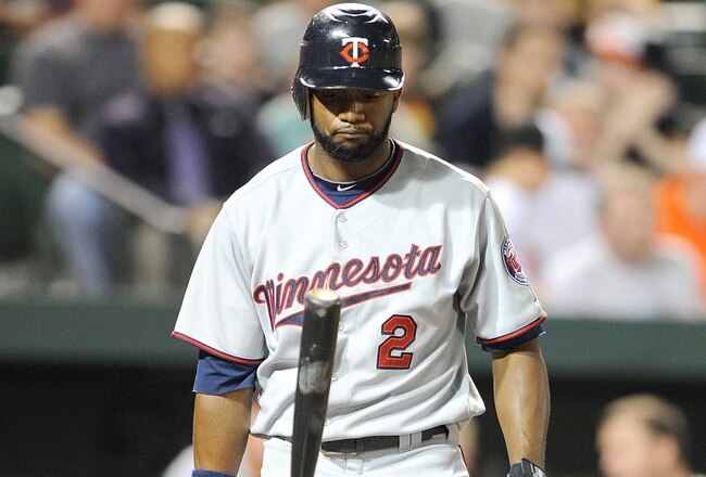 BALTIMORE, MD - APRIL 20:  Denard Span #2 of the Minnesota Twins flips his bat after striking out to end the seventh inning against the Baltimore Orioles at Oriole Park at Camden Yards on April 20, 2011 in Baltimore, Maryland.  (Photo by Greg Fiume/Getty Images)