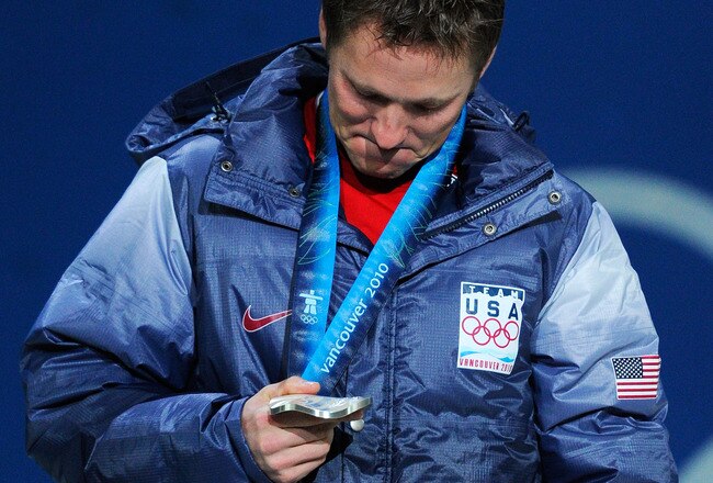 VANCOUVER, BC - FEBRUARY 26:  Jeret Peterson of the United States celebrates winning the silver medal during the medal ceremony for the men�s freestyle skiing aerials on day 15 of the Vancouver 2010 Winter Olympics at BC Place on February 26, 2010 in Vancouver, Canada.  (Photo by Kevork Djansezian/Getty Images)
