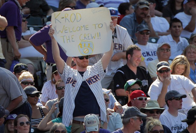 DENVER, CO - JULY 17:  A Brewers fan holds a sign in support of relief pitcher Francisco Rodriguez #57 of the Milwaukee Brewers as he works against the Colorado Rockies at Coors Field on July 17, 2011 in Denver, Colorado. Rodriguez earned a hold as they Brewers defeated the Rockies 4-3.  (Photo by Doug Pensinger/Getty Images)