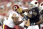 GLENDALE, AZ - SEPTEMBER 02:  Defensive tackle Albert Haynesworth #92 of the Washington Redskins in action during preseason NFL game against the Arizona Cardinals at the University of Phoenix Stadium on September 2, 2010 in Glendale, Arizona.  The Cardinals defeated the Redskins 20-10.  (Photo by Christian Petersen/Getty Images)