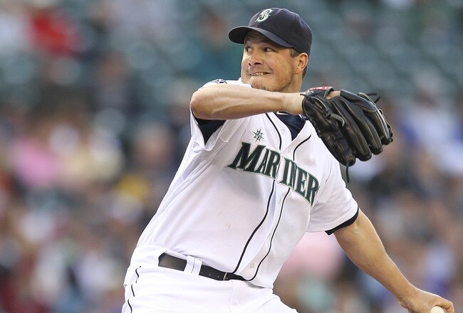 SEATTLE - JUNE 15:  Starting pitcher Erik Bedard #45 of the Seattle Mariners pitches against the Los Angeles Angels of Anaheim at Safeco Field on June 15, 2011 in Seattle, Washington. (Photo by Otto Greule Jr/Getty Images)