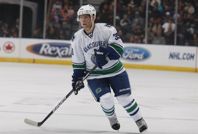 EDMONTON, CANADA - SEPTEMBER 26: Cody Hodgson #39 of the Vancouver Canucks skates against the Edmonton Oilers on September 26, 2010 at Rexall Place in Edmonton, Alberta, Canada. (Photo by Dale MacMillan/Getty Images)