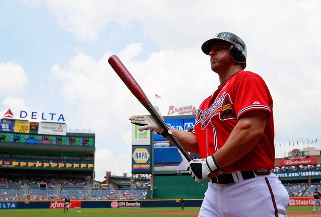 ATLANTA, GA - JULY 31:  Dan Uggla #26 of the Atlanta Braves steps up to the on-deck circle against the Florida Marlins at Turner Field on July 31, 2011 in Atlanta, Georgia.  (Photo by Kevin C. Cox/Getty Images)