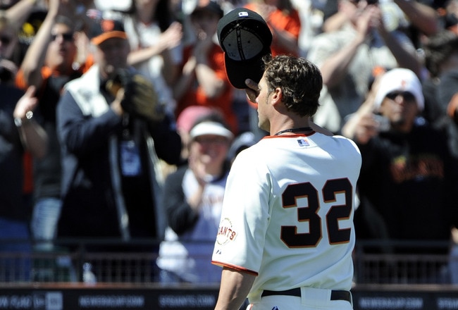 SAN FRANCISCO, CA - MAY 8: Ryan Vogelsong #32 of the San Francisco Giants tips his hat to the crowd after coming out of the game in the top of the seventh inning against Colorado Rockies at AT&T Park May 8, 2011 in San Francisco, California. The Giants won the game 3-0. (Photo by Thearon W. Henderson/Getty Images)