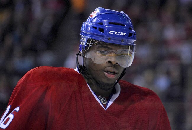 MONTREAL, CANADA - APRIL 26:  P.K. Subban #76 of the Montreal Canadiens skates around during a TV timeout in Game Six of the Eastern Conference Quarterfinals against the Boston Bruins during the 2011 NHL Stanley Cup Playoffs at the Bell Centre on April 26, 2011 in Montreal, Canada.  (Photo by Phillip MacCallum/Getty Images)