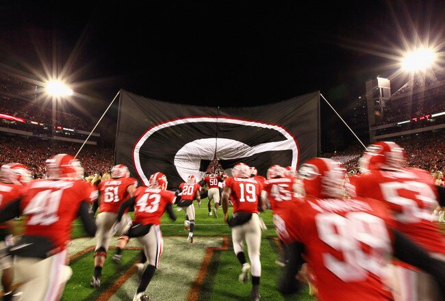 ATHENS, GA - NOVEMBER 27:  The Georgia Bulldogs enter the field to face the Georgia Tech Yellow Jackets at Sanford Stadium on November 27, 2010 in Athens, Georgia.  (Photo by Kevin C. Cox/Getty Images)