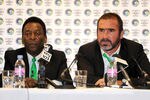 MANCHESTER, ENGLAND - AUGUST 03:  Eric Cantona and Pele of New York Cosmos speak at a press conference on August 3, 2011 in Manchester, England.  (Photo by Chris Brunskill/Getty Images for the NY Cosmos)