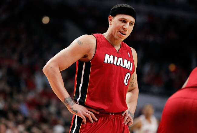 CHICAGO, IL - MAY 18:  Mike Bibby #0 of the Miami Heat looks on against the Chicago Bulls in Game Two of the Eastern Conference Finals during the 2011 NBA Playoffs on May 18, 2011 at the United Center in Chicago, Illinois. The Heat won 85-75. NOTE TO USER: User expressly acknowledges and agrees that, by downloading and or using this photograph, User is consenting to the terms and conditions of the Getty Images License Agreement.  (Photo by Gregory Shamus/Getty Images)