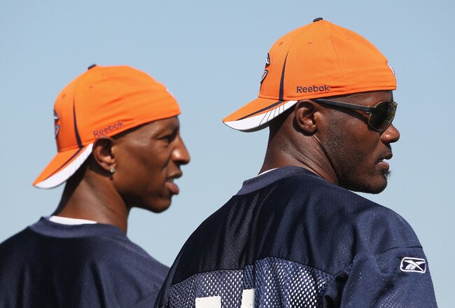 BOURBONNAIS, IL - JULY 30: Free-agent signees of the Chicago Bears Sam Hurd #81 (L) and Roy Williams #11 watch during a summer training camp practice at Olivet Nazarene University on July 30, 2011 in Bourbonnais, Illinois. (Photo by Jonathan Daniel/Getty Images)