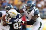 SAN DIEGO - AUGUST 25:  Offensive tackle Ray Willis #74 of the Seattle Seahawks blocks linebacker Shaun Phillips #95 of the San Diego Chargers on August 25, 2008 at Qualcomm Stadium in San Diego, California.   The Chargers won 18-17.  (Photo by Stephen Dunn/Getty Images)
