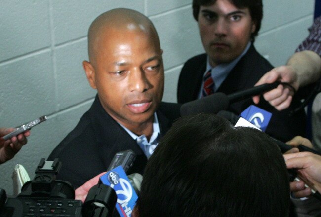 EAST RUTHERFORD, NJ - JUNE 10:  New York Giants Senior Vice President and General Manager Jerry Reese addresses the media at a press conference where Michael Strahan announced his retirement from the New York Giants on June 10, 2008 at Giants Stadium in East Rutherford, New Jersey.  (Photo by Andy Marlin/Getty Images)