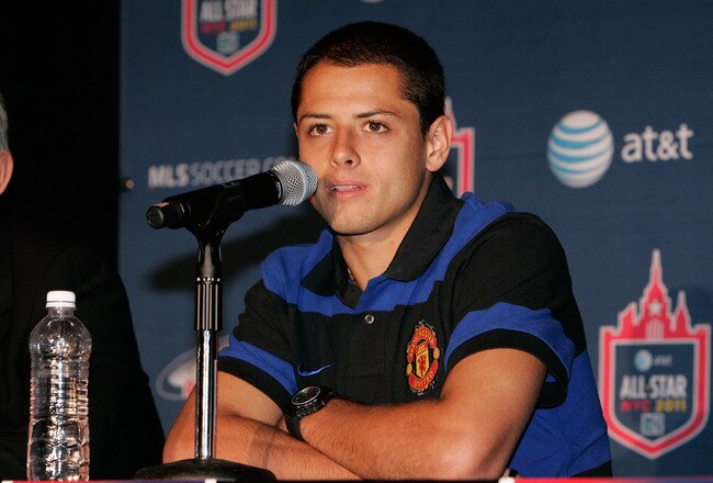 NEW YORK, NY - JULY 25:  Javier 'Chicharito' Hernandez of Manchester United speaks at the 2011 MLS All-Star Game press conference at All-Star HUB on July 25, 2011 in New York City. The MLS All-Star game will be played on Wednesday July 27, 2011 at Red Bulls Arena in Harrison, New Jersey.  (Photo by Mike Lawrie/Getty Images)