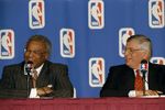 7 Jan 1999:  NBA Union Director Billy Hunter (L) with NBA Commissioner David Stern (R) at the NBA Lockout Ending press conference at the New York Sheraton in New York, New York. Mandatory Credit: Ezra O. Shaw  /Allsport