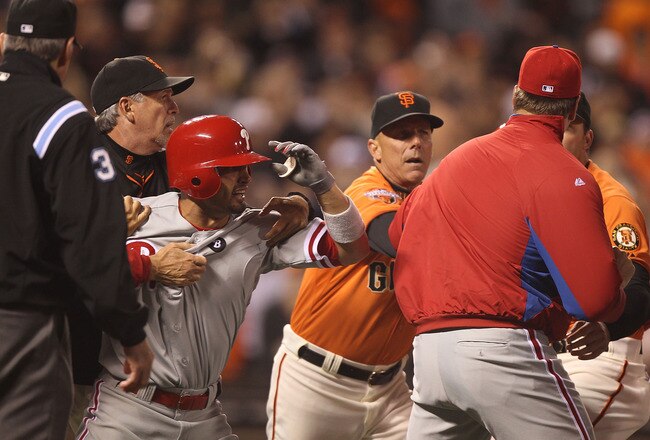 SAN FRANCISCO, CA - AUGUST 05:  Shane Victorino #8 of the Philadelphia Phillies fights with the San Francisco Giants after being hit by a pitch in the sixth inning at AT&T Park on August 5, 2011 in San Francisco, California.  (Photo by Jed Jacobsohn/Getty Images)