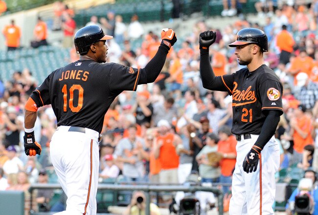 BALTIMORE, MD - AUGUST 05:  Adam Jones #10 of the Baltimore Orioles celebrates with Nick Markakis #21 after hitting a home run in the first inning against the Toronto Blue Jays at Oriole Park at Camden Yards on August 5, 2011 in Baltimore, Maryland.  (Photo by Greg Fiume/Getty Images)