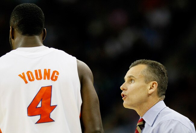 NEW ORLEANS, LA - MARCH 26:  Head coach Billy Donovan talks to Patric Young #4 of the Florida Gators during the second half of their game against the Butler Bulldogs in the Southeast regional final of the 2011 NCAA men's basketball tournament at New Orleans Arena on March 26, 2011 in New Orleans, Louisiana.  (Photo by Kevin C. Cox/Getty Images)