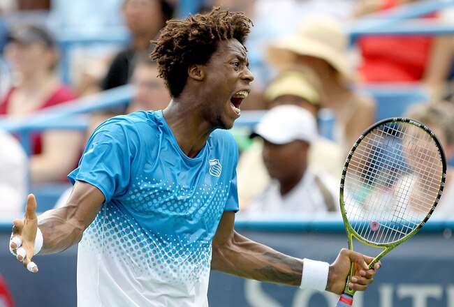 WASHINGTON, DC - AUGUST 07:  Gael Monfils of France reacts to a lost point against Radel Stepanek of the Czech Republic during the final of the Legg Mason Tennis Classic presented by Geico at the William H.G. FitzGerald Tennis Center on August 7, 2011 in Washington, DC.  (Photo by Matthew Stockman/Getty Images)