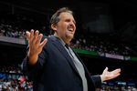 ATLANTA, GA - APRIL 28:  Stan Van Gundy of the Orlando Magic questions a call by the official during Game Six of the Eastern Conference Quarterfinals in the 2011 NBA Playoffs against the Atlanta Hawks at Philips Arena on April 28, 2011 in Atlanta, Georgia.  NOTE TO USER: User expressly acknowledges and agrees that, by downloading and or using this photograph, User is consenting to the terms and conditions of the Getty Images License Agreement.  (Photo by Kevin C. Cox/Getty Images)