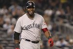 NEW YORK, NY - JUNE 09:  David Ortiz #34 of the Boston Red Sox smiles after he walks to first after being hit by a pitch against the New York Yankees on June 9, 2011 at Yankee Stadium in the Bronx borough of New York City.  (Photo by Nick Laham/Getty Images)