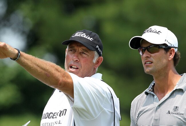 AKRON, OH - AUGUST 06:  Adam Scott of Australia (R) talks with caddie Steve Williams (L) on the 17th hole during the third round of the World Golf Championships-Bridgestone Invitational on the South Course at Firestone Country Club on August 6, 2011 in Akron, Ohio.  (Photo by Andy Lyons/Getty Images)