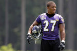 OWINGS MILLS, MD - JULY 29:  Running back Ray Rice #27 of the Baltimore Ravens walks onto the field during training camp on July 29, 2011 in Owings Mills, Maryland.  (Photo by Rob Carr/Getty Images)