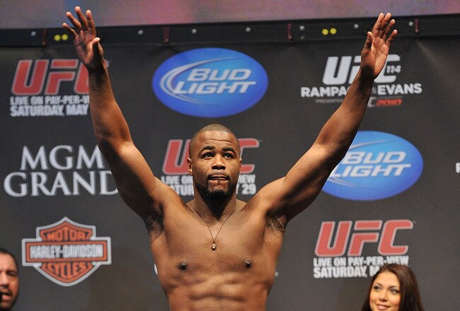 LAS VEGAS - MAY 28:  UFC fighter Rashad Evans weighs in for his fight against UFC fighter Quinton 'Rampage' Jackson at UFC 114: Rampage versus Rashad at the Mandalay Bay Hotel on May 28, 2010 in Las Vegas, Nevada.  (Photo by Jon Kopaloff/Getty Images)
