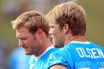 SPARTANBURG, SC - JULY 30:  Teammates Jeremy Shockey #80 and Greg Olsen #88 of the Carolina Panthers watch on during training camp at Wofford College on July 30, 2011 in Spartanburg, South Carolina.  (Photo by Streeter Lecka/Getty Images)