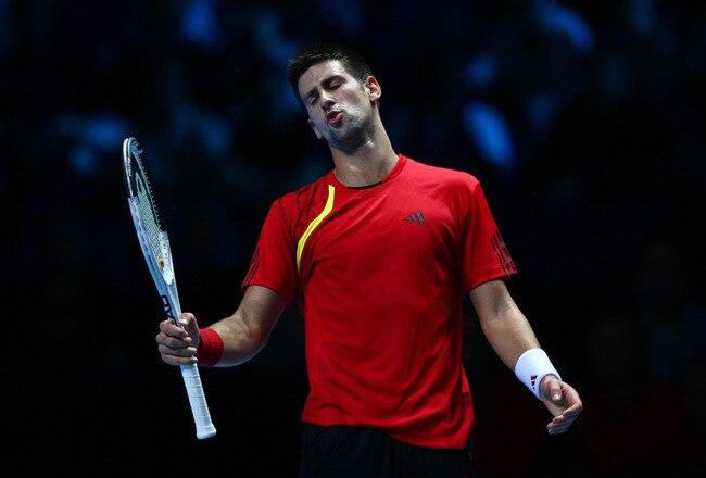 LONDON, ENGLAND - NOVEMBER 23:  Novak Djokovic of Serbia reacts during the men's singles first round match against Nikolay Davydenko of Russia during the Barclays ATP World Tour Finals at the O2 Arena on November 23, 2009 in London, England.  (Photo by Clive Brunskill/Getty Images)