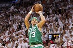MIAMI, FL - MAY 01:  Delonte West #13  of the Boston Celtics shoots  during game one of the Eastern Conference Semifinals of the 2011 NBA Playoffs against the Miami Heat at American Airlines Arena on May 1, 2011 in Miami, Florida. NOTE TO USER: User expressly acknowledges and agrees that, by downloading and/or using this Photograph, User is consenting to the terms and conditions of the Getty Images License Agreement.  (Photo by Mike Ehrmann/Getty Images)