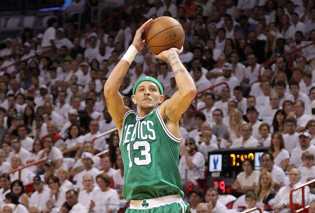 MIAMI, FL - MAY 01:  Delonte West #13  of the Boston Celtics shoots  during game one of the Eastern Conference Semifinals of the 2011 NBA Playoffs against the Miami Heat at American Airlines Arena on May 1, 2011 in Miami, Florida. NOTE TO USER: User expressly acknowledges and agrees that, by downloading and/or using this Photograph, User is consenting to the terms and conditions of the Getty Images License Agreement.  (Photo by Mike Ehrmann/Getty Images)