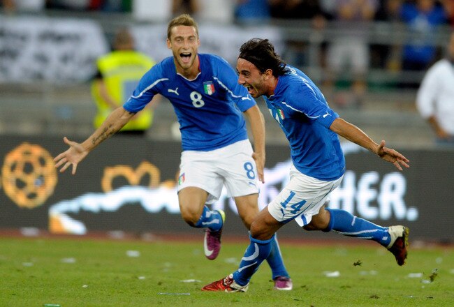 BARI, ITALY - AUGUST 10:  Alberto Aquilani of Italy celebrates scoring the second goal during the international friendly match between Italy and Spain at Stadio San Nicola on August 10, 2011 in Bari, Italy.  (Photo by Claudio Villa/Getty Images)
