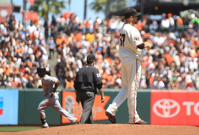SAN FRANCISCO, CA - AUGUST 10: Andrew McCutchen #22 of the Pittsburgh Pirates rounds the bases after hitting a two run home run in the third inning against Jonathan Sanchez #57 of the San Francisco Giants at AT&T Park on August 10, 2011 in San Francisco, California. (Photo by Jed Jacobsohn/Getty Images)