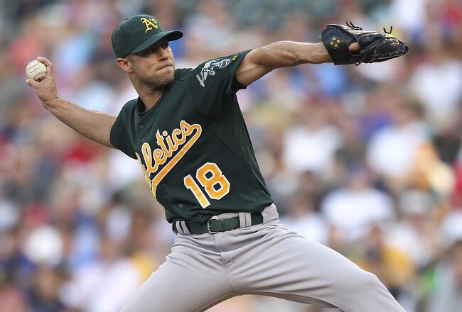 SEATTLE - AUGUST 02:  Starting pitcher Rich Harden #18 of the Oakland Athletics pitches against the Seattle Mariners at Safeco Field on August 2, 2011 in Seattle, Washington. (Photo by Otto Greule Jr/Getty Images)